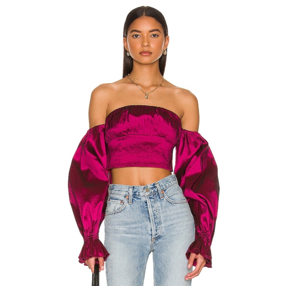 Lovers and Friends Off Shoulder Puff Sleeve Corset Fraya Top in Raspberry Red
